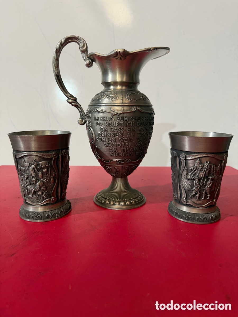 Antig&uuml;edades: Jarra y 2 vasos de esta&ntilde;o SKS Zinn - Foto 1