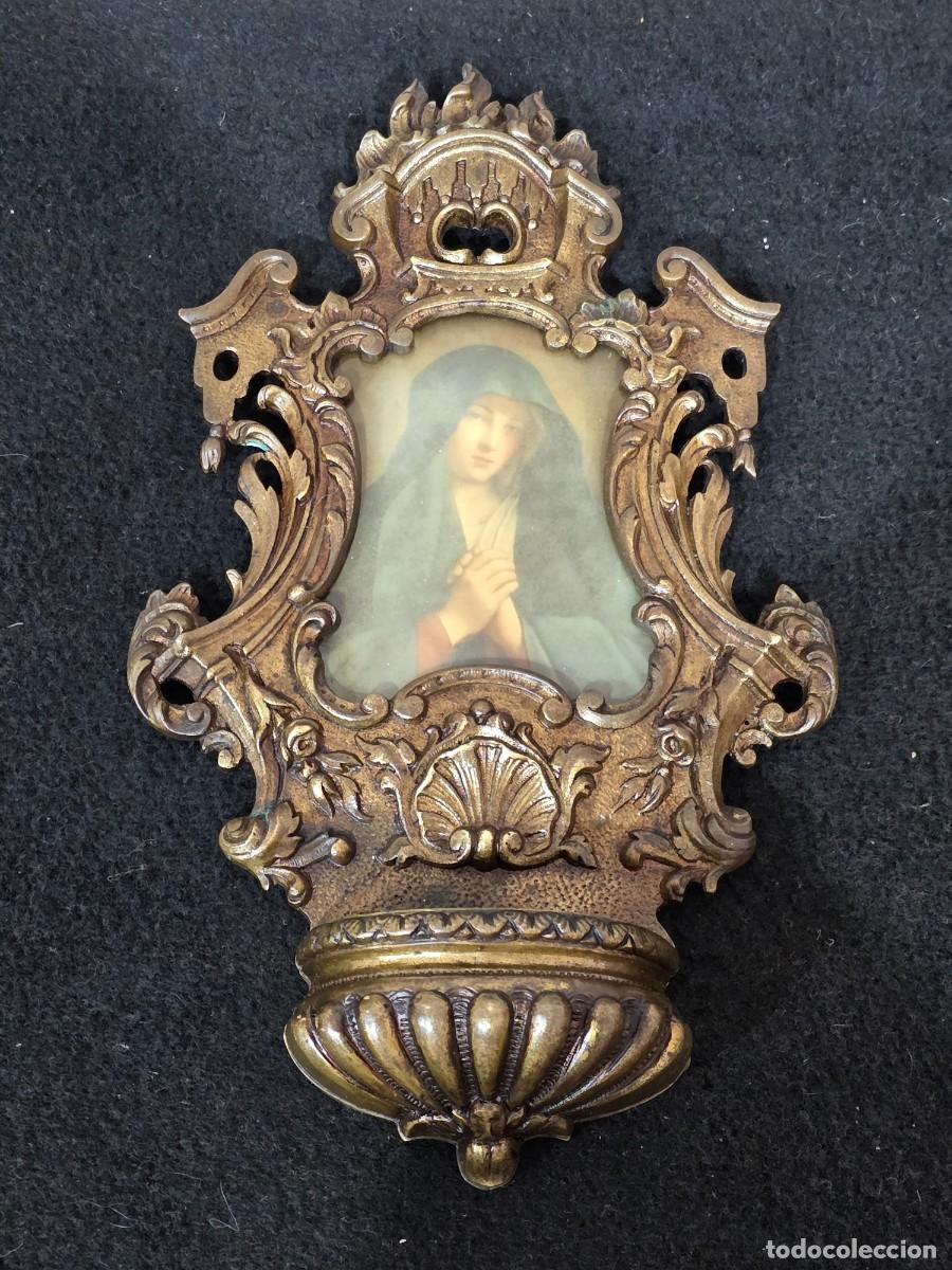 Antig&uuml;edades: ️ Benditera antigua de bronce con imagen - Foto 1