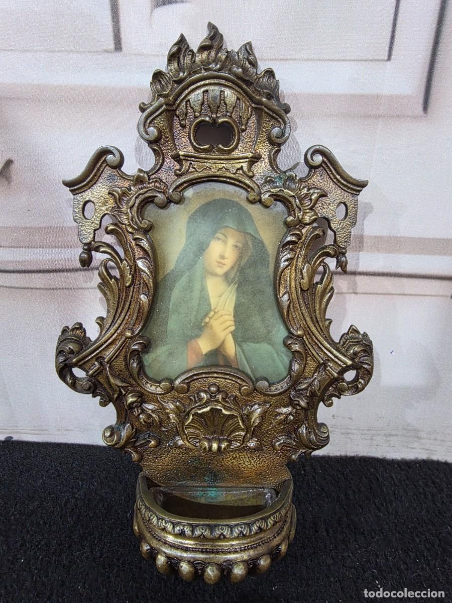 Antig&uuml;edades: ️ Benditera antigua de bronce con imagen - Foto 2
