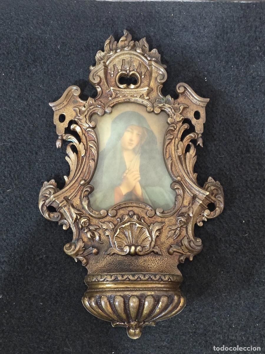 Antig&uuml;edades: ️ Benditera antigua de bronce con imagen - Foto 3