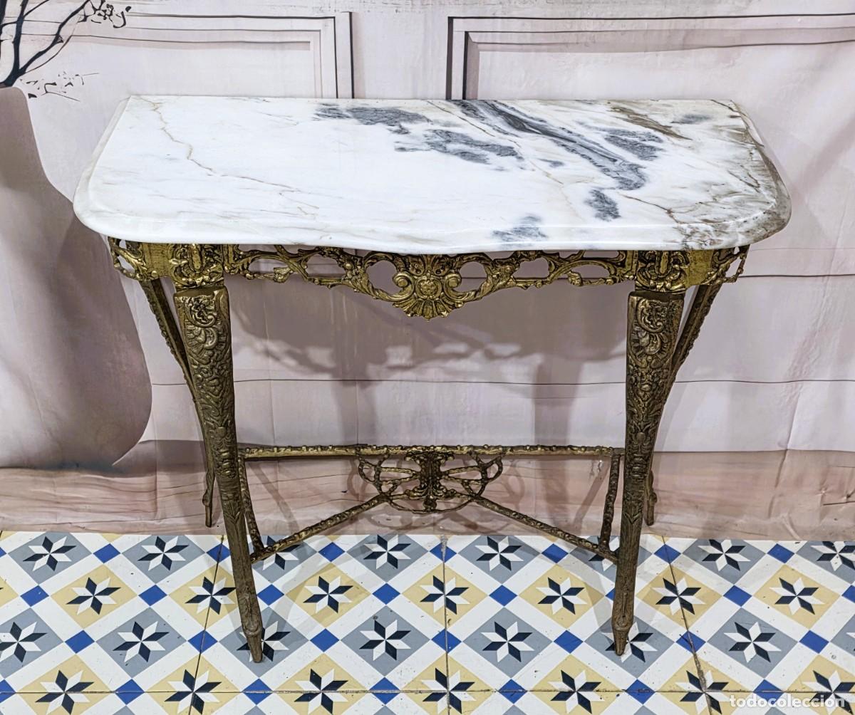 Antig&uuml;edades: Mesa consola de bronce con sobre de m&aacute;rmol blanco - Foto 3