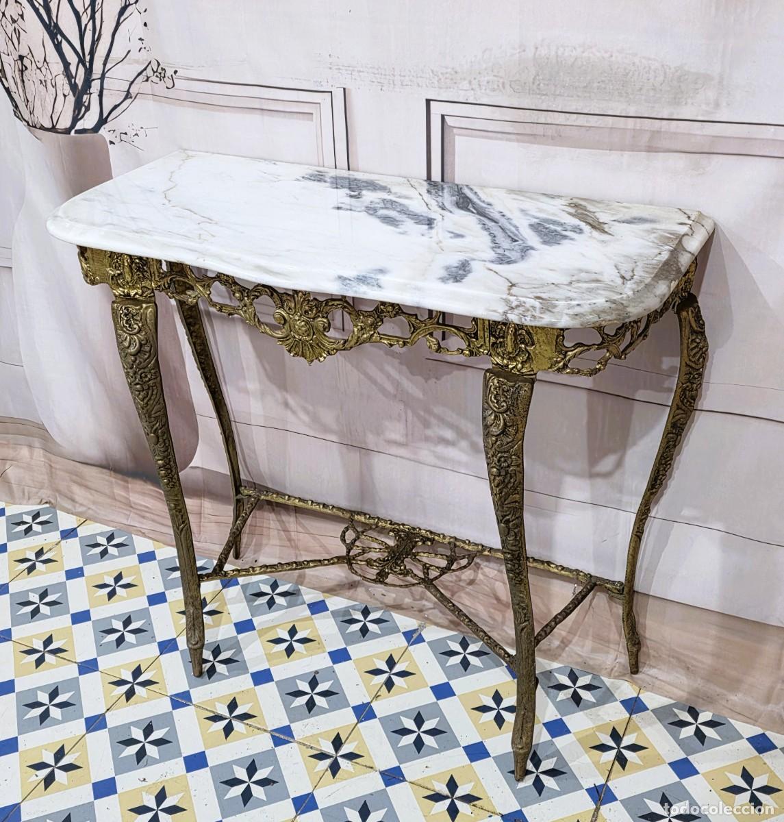 Antig&uuml;edades: Mesa consola de bronce con sobre de m&aacute;rmol blanco - Foto 5