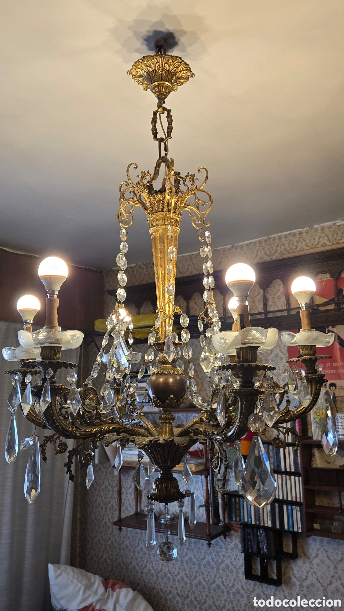 Antig&uuml;edades: LAMPARA BRONCE CLASICA CON CRISTALES - Foto 3