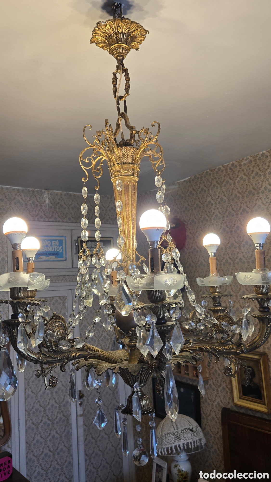Antig&uuml;edades: LAMPARA BRONCE CLASICA CON CRISTALES - Foto 5