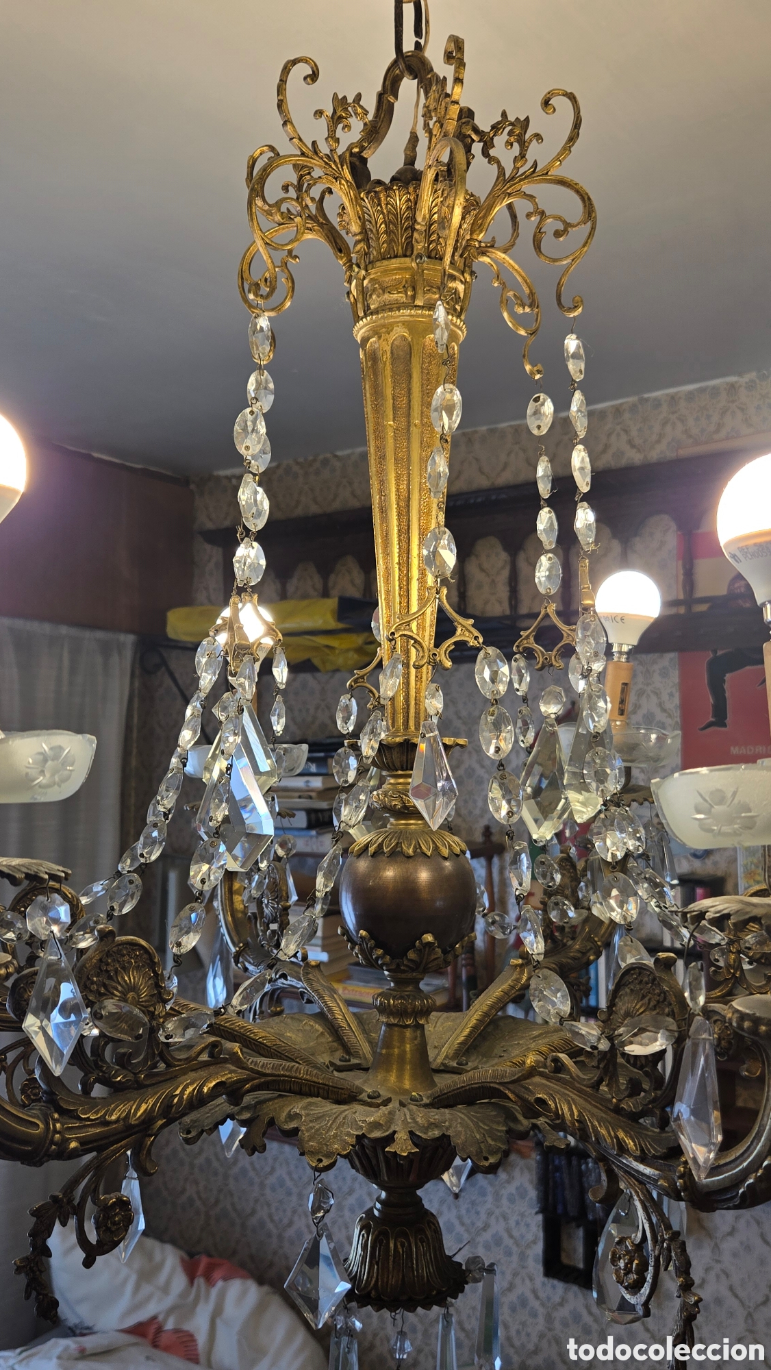 Antig&uuml;edades: LAMPARA BRONCE CLASICA CON CRISTALES - Foto 6