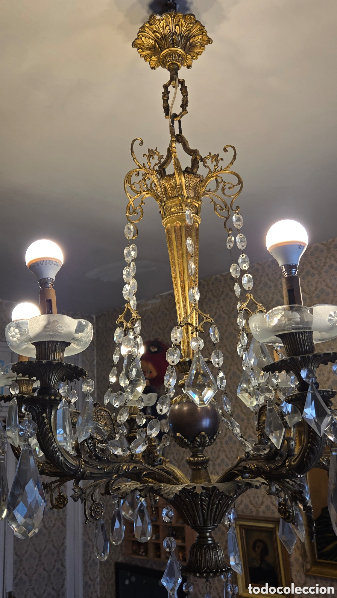 Antig&uuml;edades: LAMPARA BRONCE CLASICA CON CRISTALES - Foto 7
