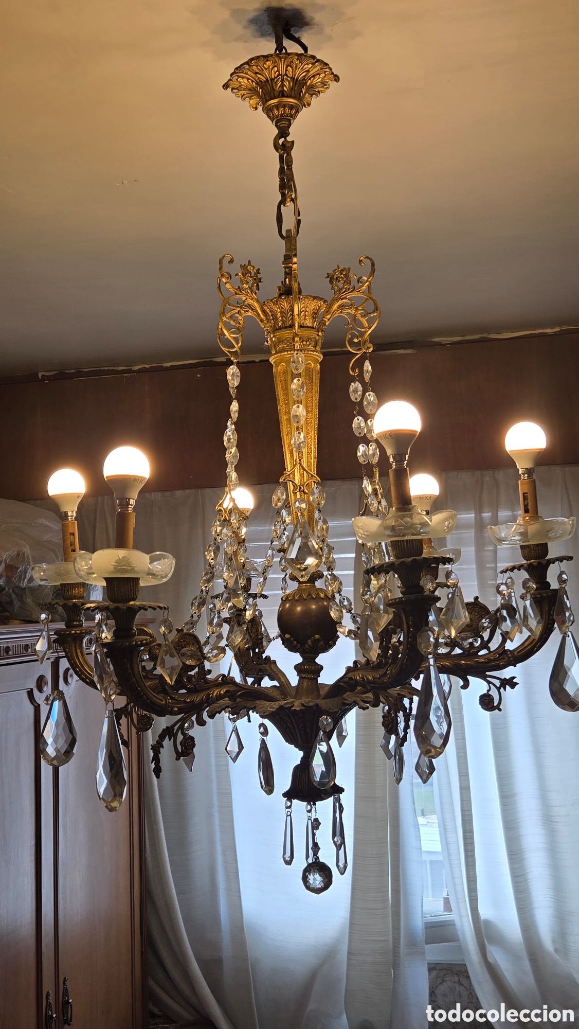 Antig&uuml;edades: LAMPARA BRONCE CLASICA CON CRISTALES - Foto 1