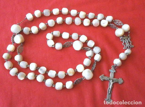 Antig&uuml;edades: ROSARIO DE NACAR MADREPERLA y PLATA (SIGLO XVIII - XIX) 59 Cuentas NACAR Grandes - 54 CM