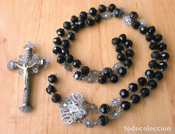 Antig&uuml;edades: ROSARIO AZABACHE (SIGLO XIX) Cuentas Grandes facetadas - Fin&iacute;sima Filigrana Plata isabelino