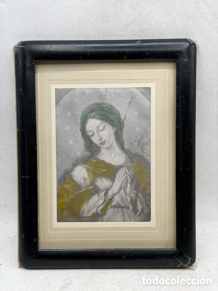 Antig&uuml;edades: Retrato de La Virgen Pintado y Enmarcado - Foto 2