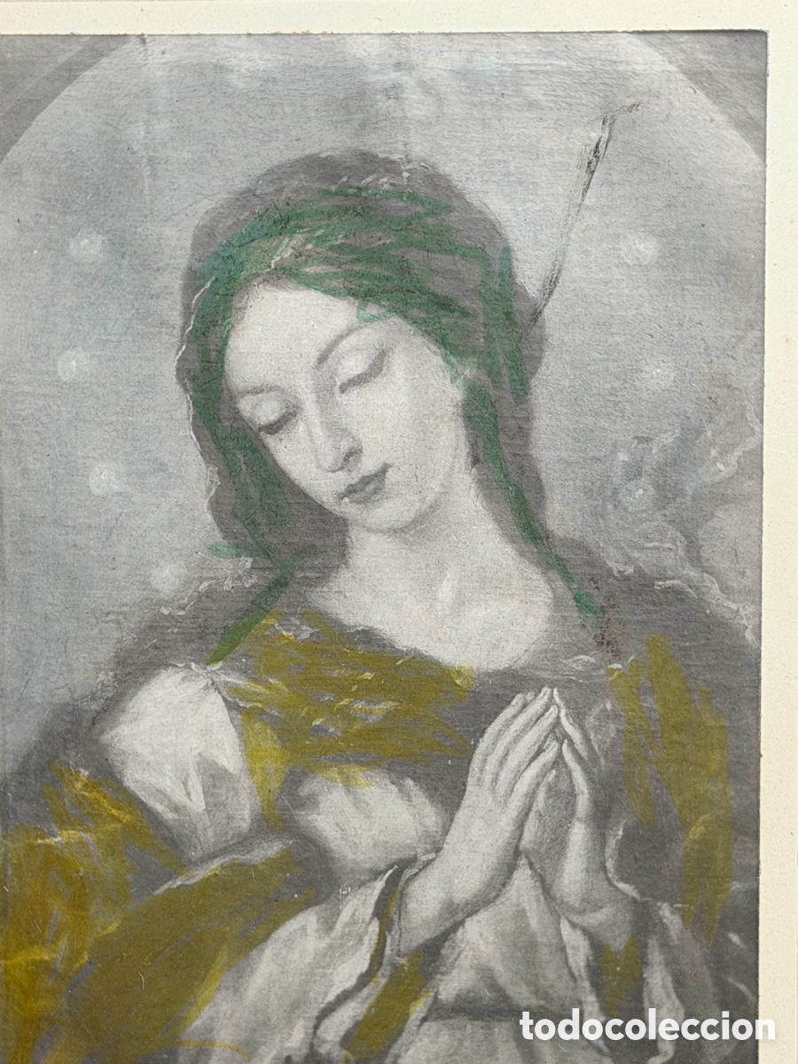 Antig&uuml;edades: Retrato de La Virgen Pintado y Enmarcado - Foto 3