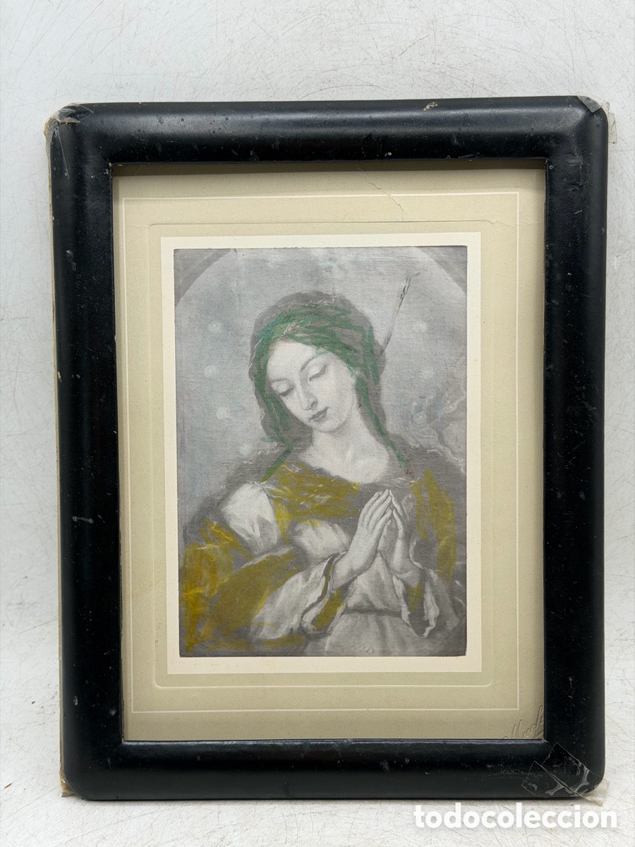 Antig&uuml;edades: Retrato de La Virgen Pintado y Enmarcado - Foto 6