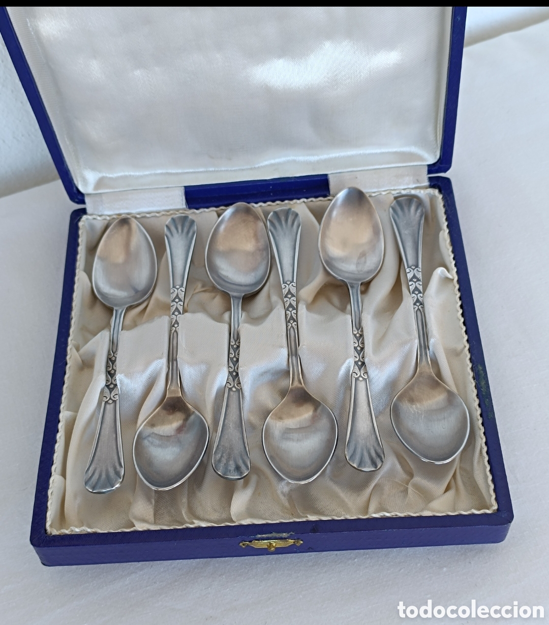 Antig&uuml;edades: Antiguo estuche de 6 Cucharas Postre Plata - Foto 3
