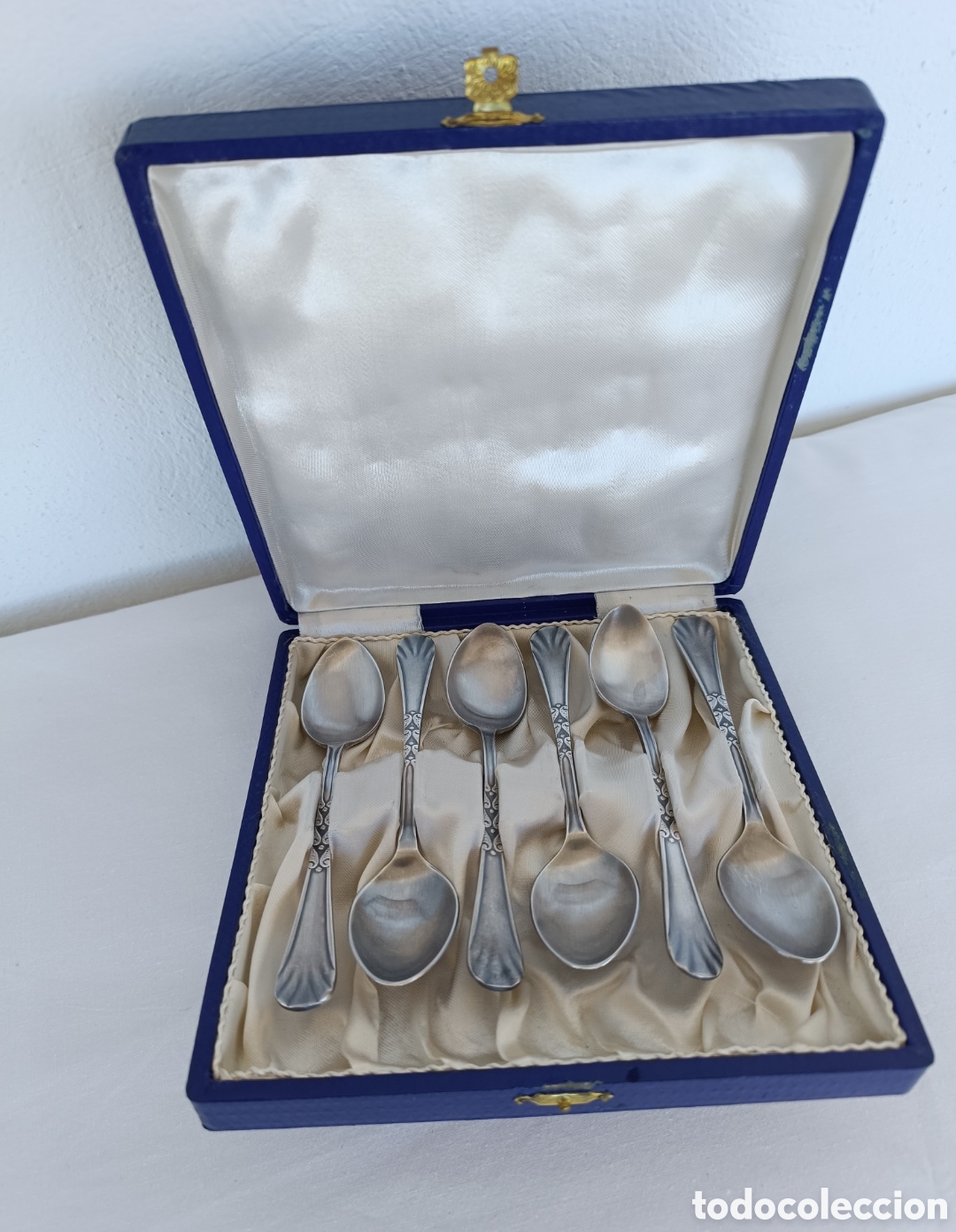 Antig&uuml;edades: Antiguo estuche de 6 Cucharas Postre Plata - Foto 1