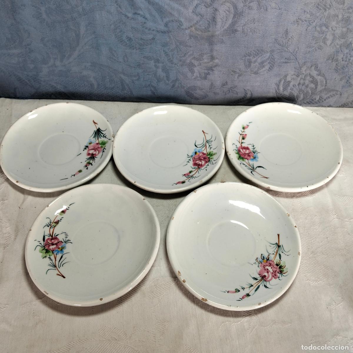 Antiquit&eacute;s: Lote de platos platitos postre antiguo b m Manises porcelana cer&aacute;mica pintada con flores rosas