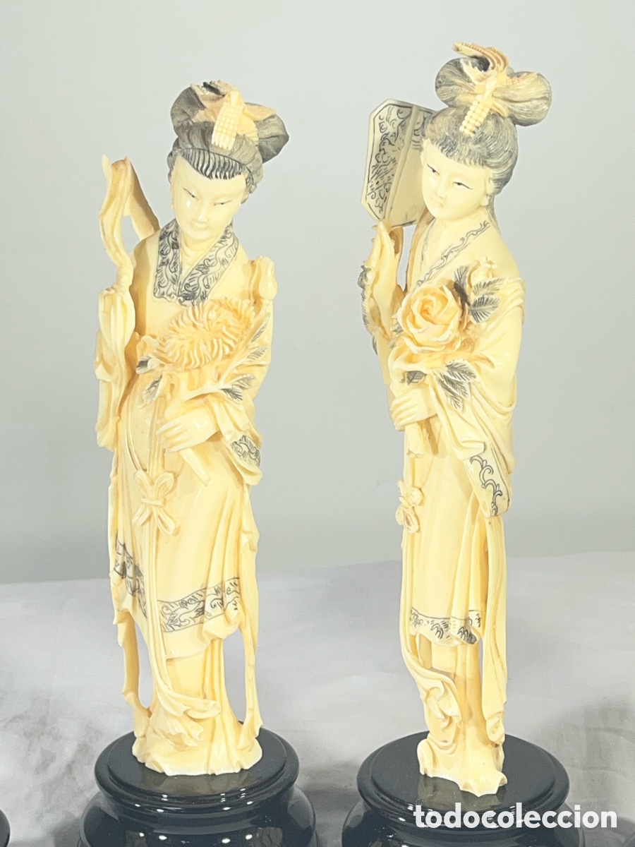 Antig&uuml;edades: Conjunto de 4 figuras de Geishas - S&iacute;mil Marfil - Foto 4