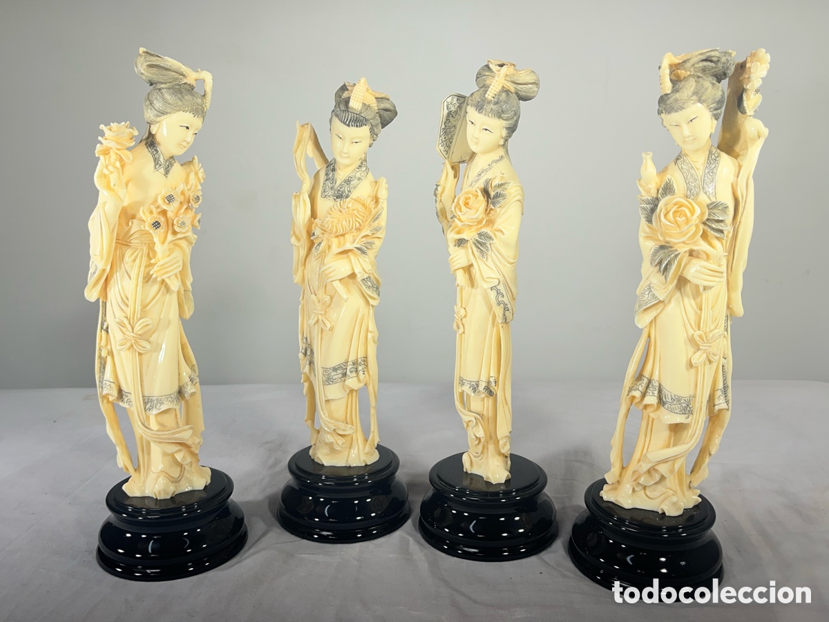 Antig&uuml;edades: Conjunto de 4 figuras de Geishas - S&iacute;mil Marfil - Foto 1