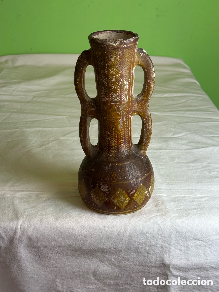 Antiquit&eacute;s: Curioso jarr&oacute;n cer&aacute;mica popular pintado a mano doble asa siglo XVIII