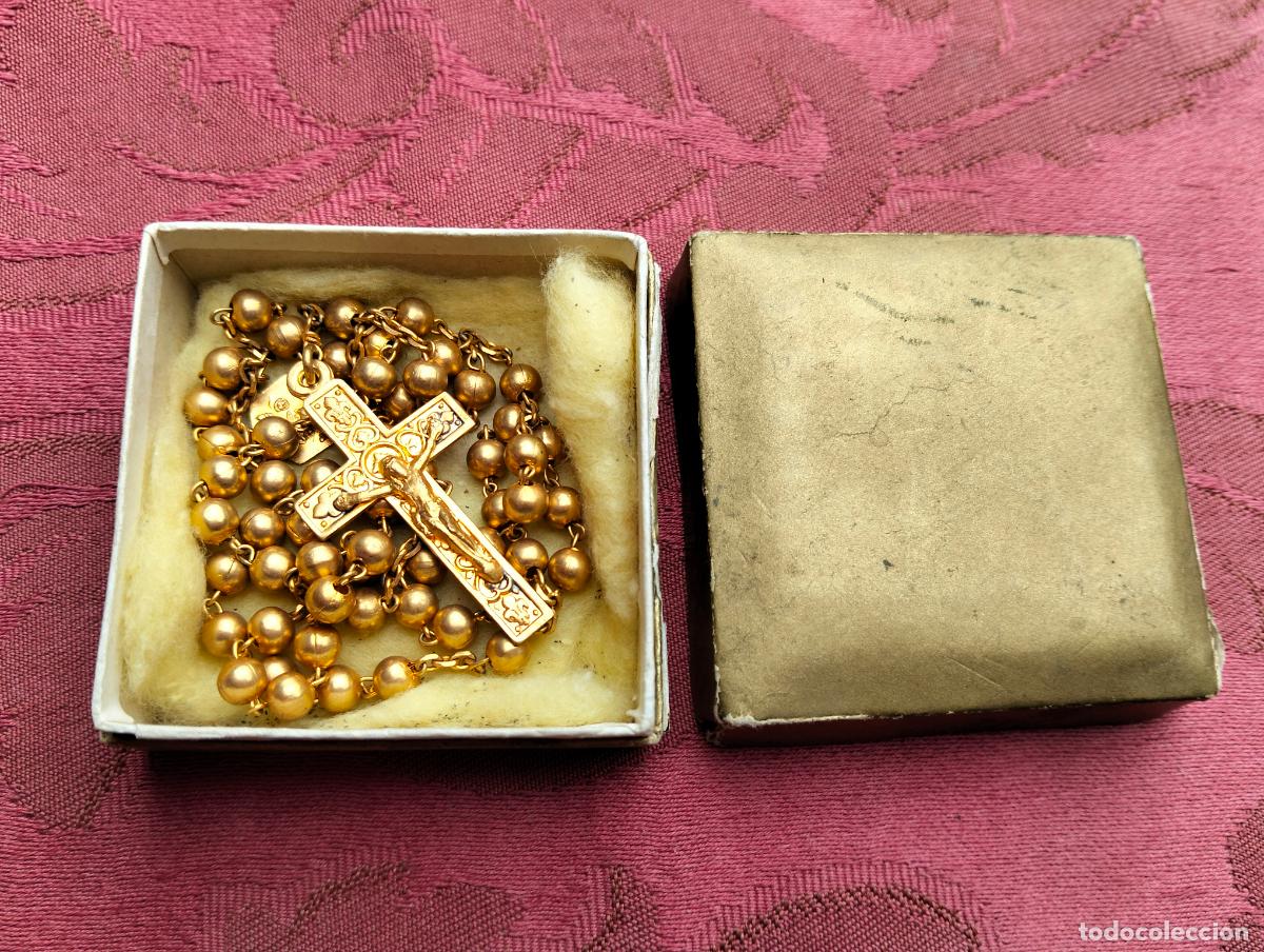 Antig&uuml;edades: Rosario antiguo o vintage cuentas perlitas metal dorado Jes&uacute;s crucificado cruz Virgen