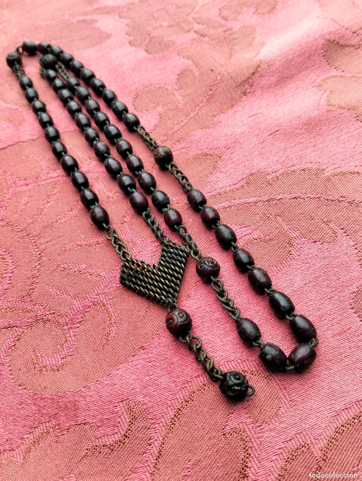 Antig&uuml;edades: Rosario antiguo vintage cuentas perlitas madera metal dorado coraz&oacute;n