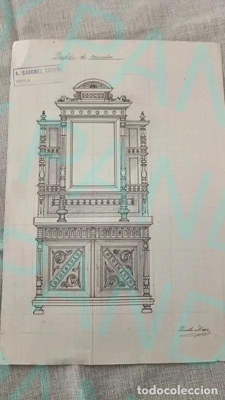 Antig&uuml;edades: Boceto de Bufete de Comedor (Siglo XIX) - Foto 1