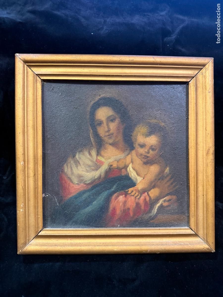 Antig&uuml;edades: OLEO SOBRE TABLA COPIA VIRGEN CON NI&Ntilde;O DE MURILLO - MEDIDA MARCO 23,5X23,5 CM