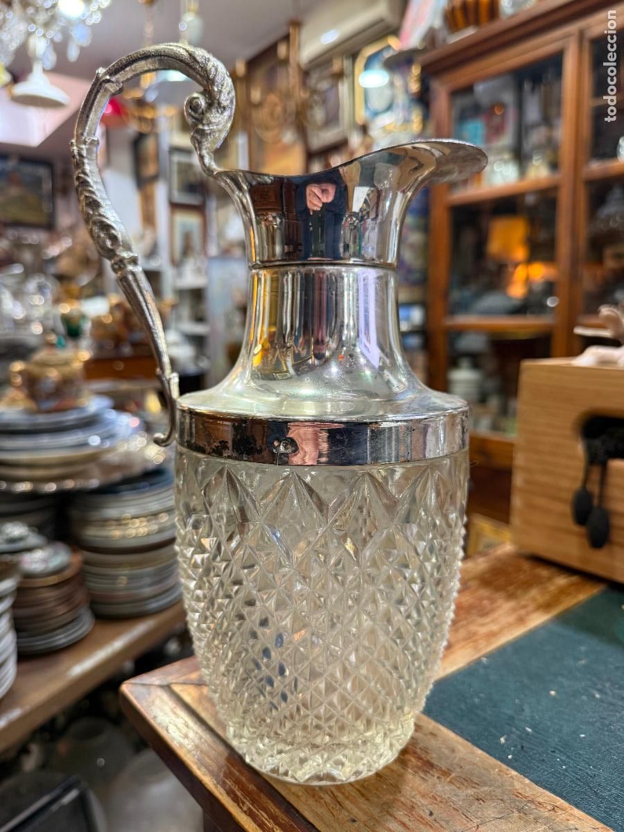 Antig&uuml;edades: PRECIOSA JARRA DE CRISTAL TALLADO Y ALPACA CON BA&Ntilde;O DE PLATA - MEDIDA 30 CM
