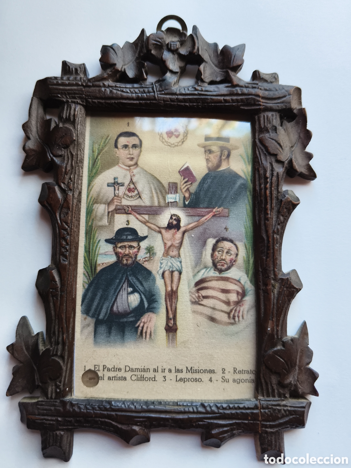 Antig&uuml;edades: Antiguo relicario marco madera tallada con reliquia Padre Dami&aacute;n