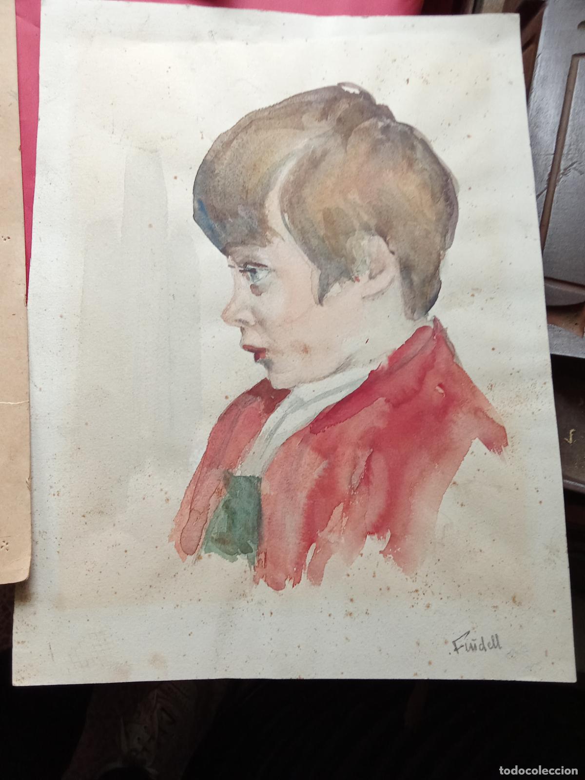 Antig&uuml;edades: Acuarela antigua firmada retrato ni&ntilde;o Caja delicado