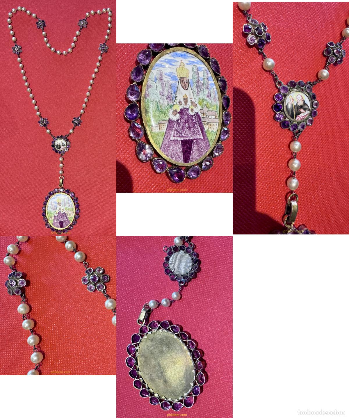 Antig&uuml;edades: ESPECTACULAR ROSARIO CON ESMALTE VIRGEN DE MONTSERRAT Y PERLAS 52cm