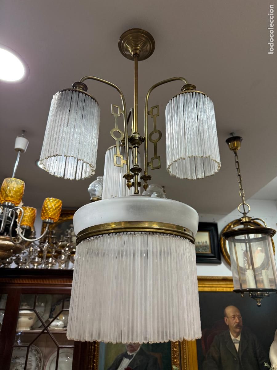 Antig&uuml;edades: PRECIOSA LAMPARA ART DECO EN METAL Y CRISTAL - MEDIDA TOTAL 100X45 CM