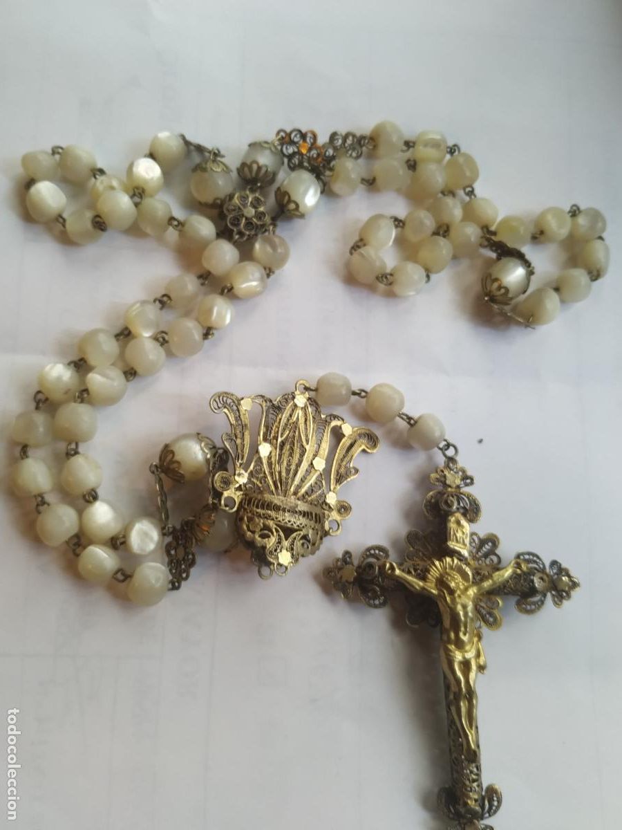 Antig&uuml;edades: Rosario n&aacute;car con Cruz plata y filigrana dorada S XIX