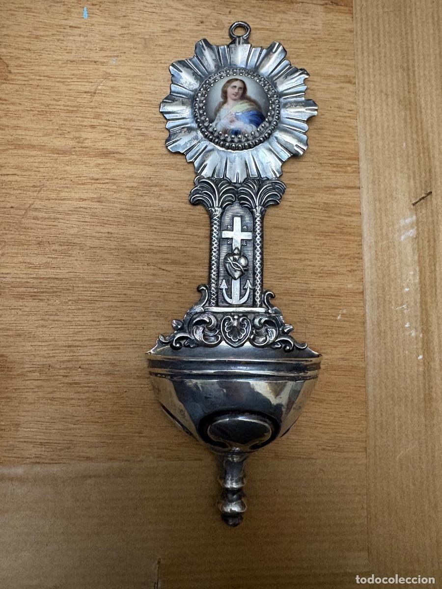 Antig&uuml;edades: Benditera de plata con placa de porcelana de la Inmaculada - Foto 2