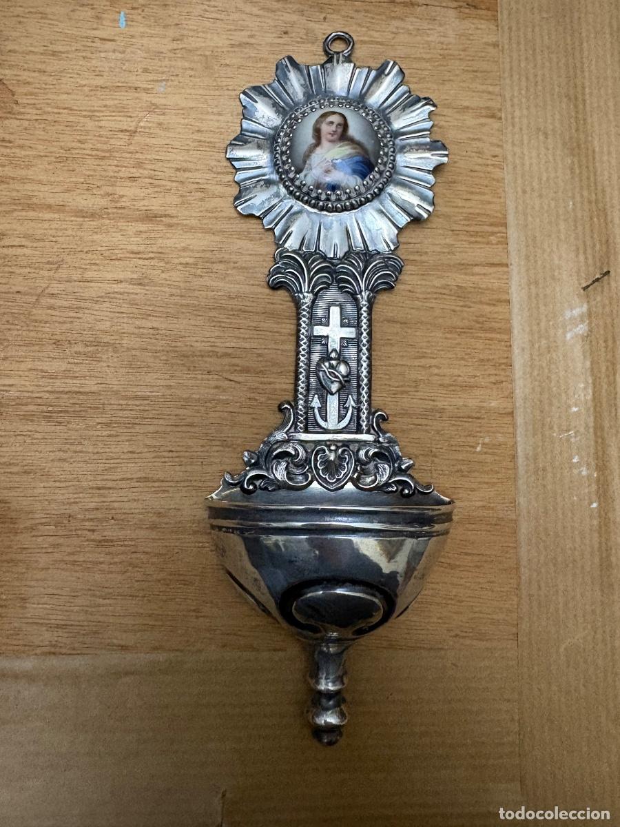 Antig&uuml;edades: Benditera de plata con placa de porcelana de la Inmaculada - Foto 3