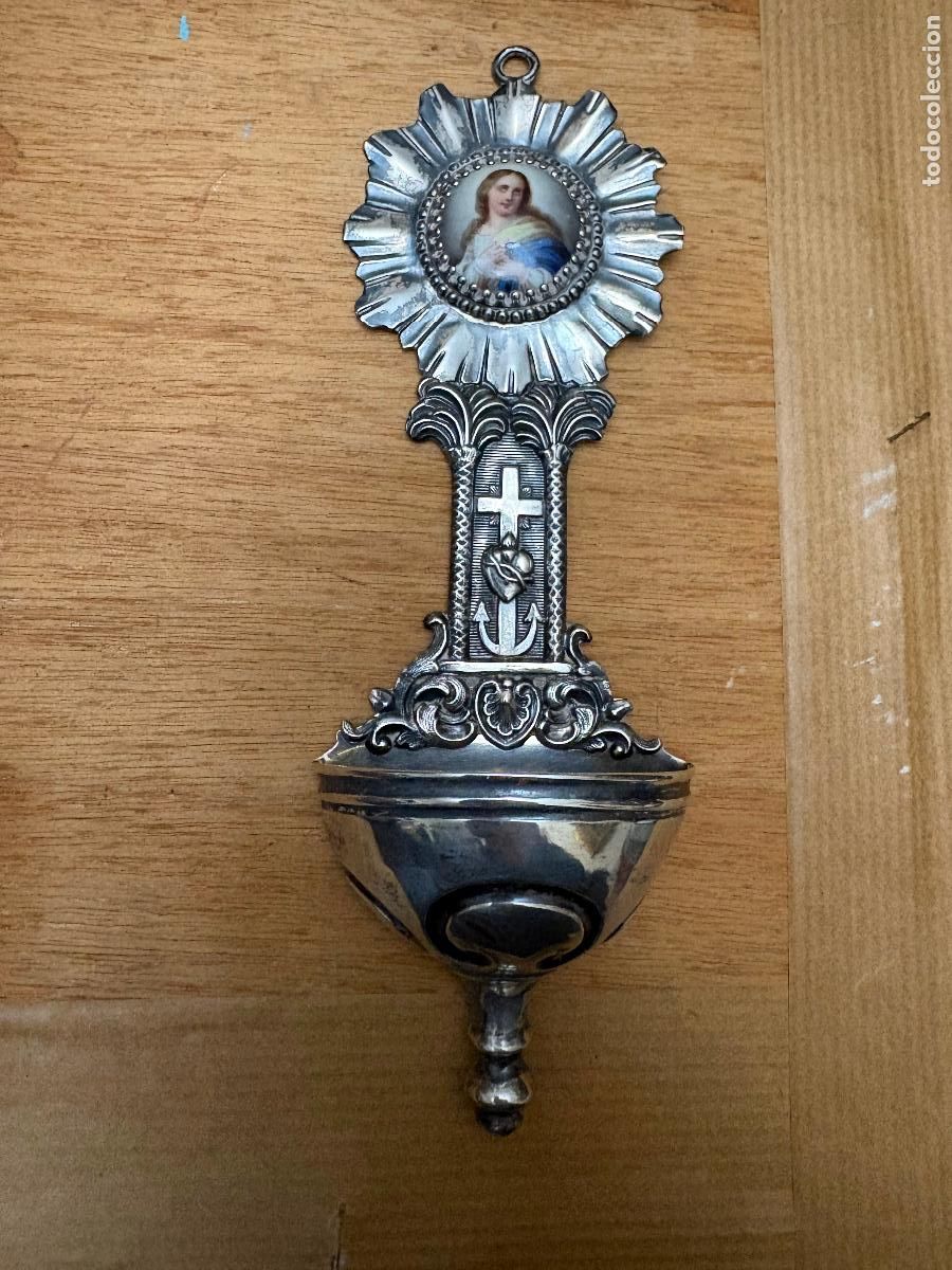 Antig&uuml;edades: Benditera de plata con placa de porcelana de la Inmaculada - Foto 1