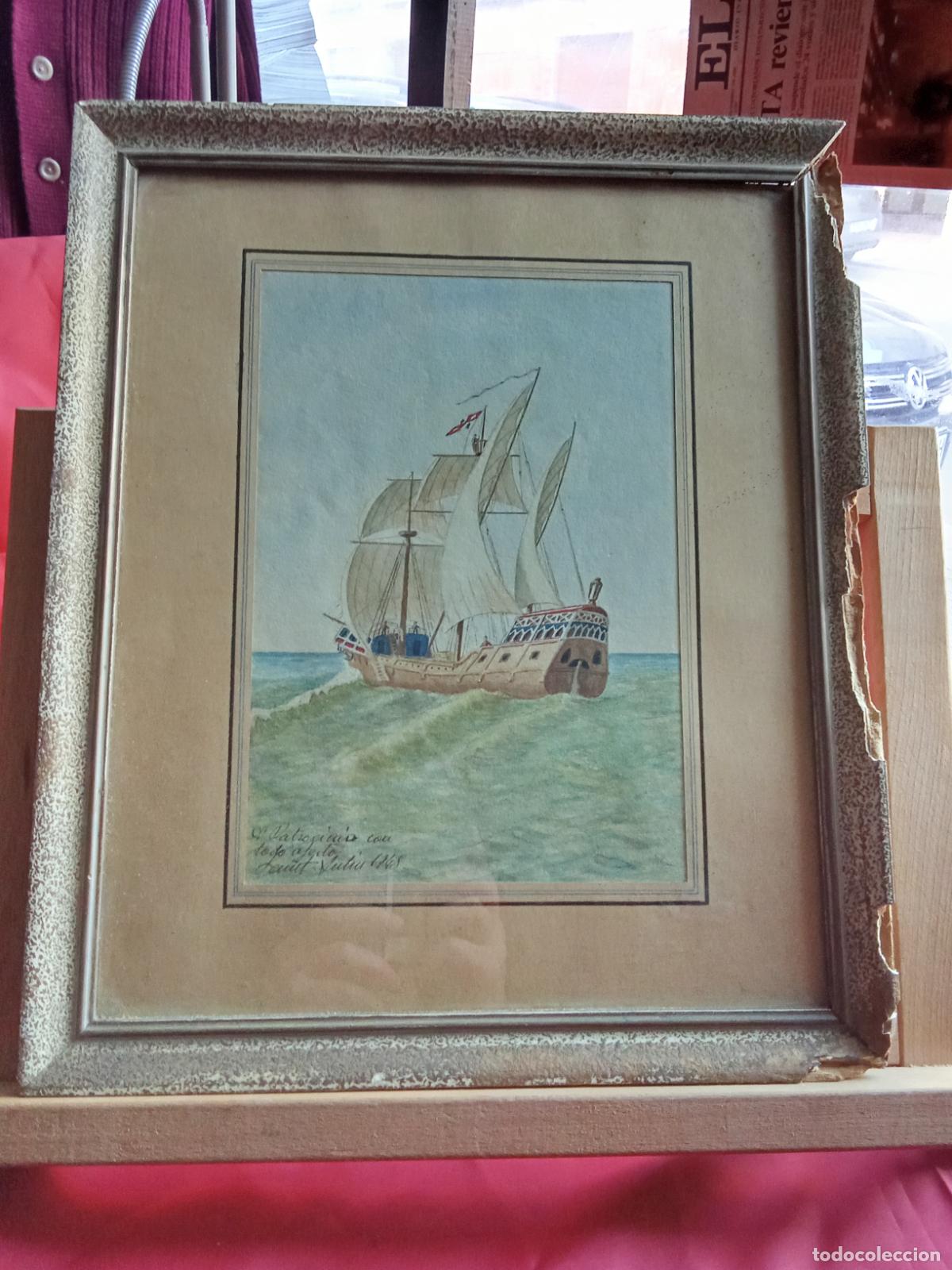 Antig&uuml;edades: Cuadro dibujo Gale&oacute;n Firmado 1948 C. Delicado