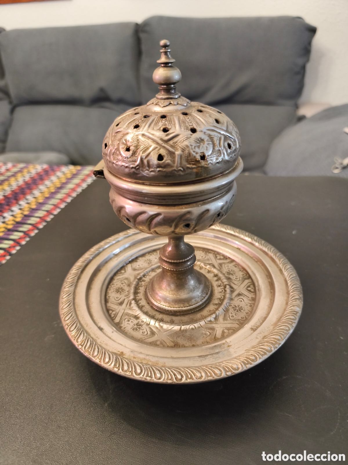 Antig&uuml;edades: INCENSARIO ANTIGUO QUEMADOR DE INCIENSIO ORIENTAL ARABE DE METAL PLATEADO REPUJADO Y CALADO