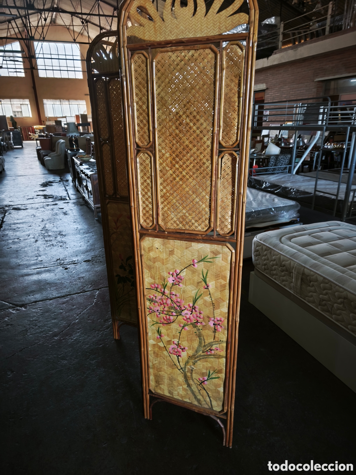 Antig&uuml;edades: Antiguo biombo de bamb&uacute; y ca&ntilde;a de 4 alas - Foto 4