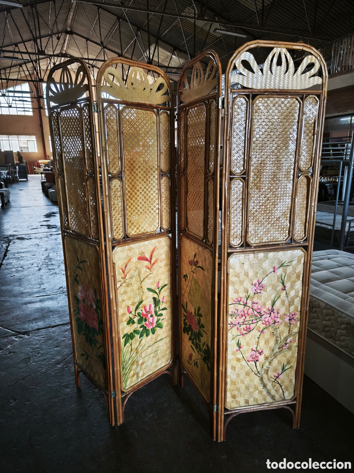Antig&uuml;edades: Antiguo biombo de bamb&uacute; y ca&ntilde;a de 4 alas - Foto 5