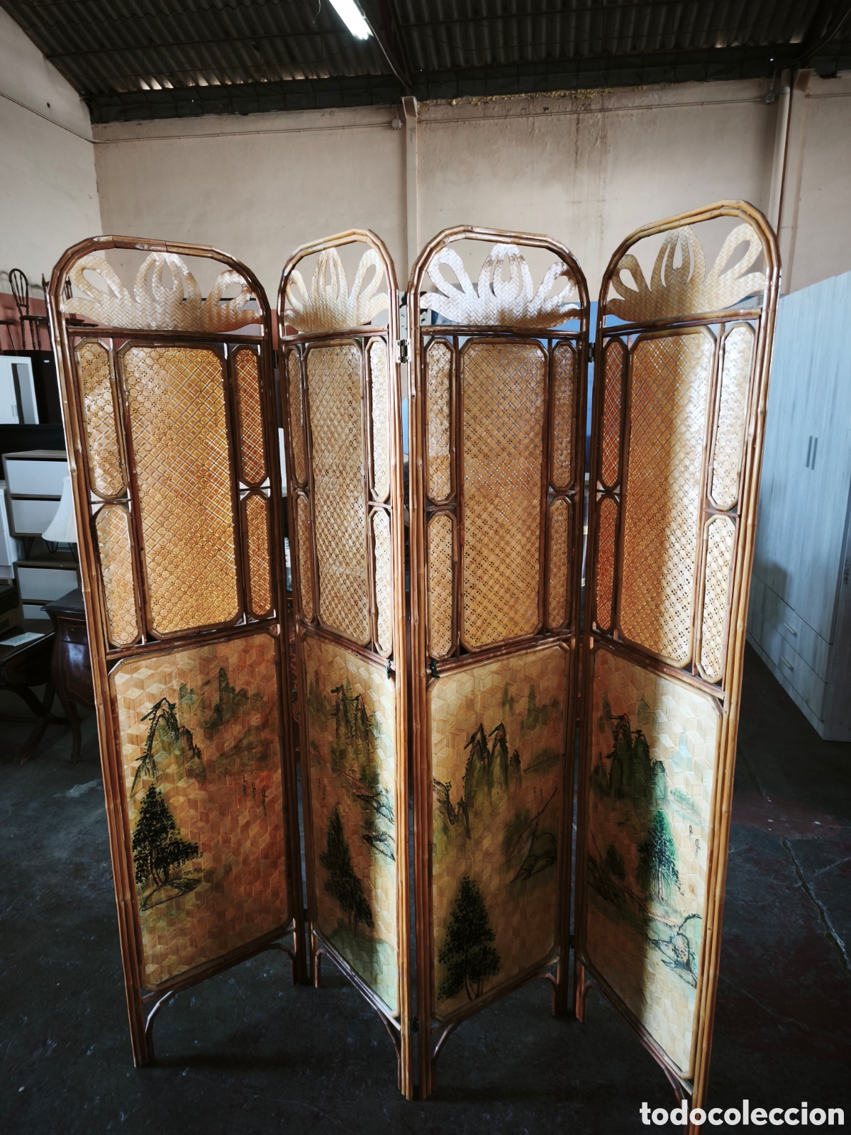 Antig&uuml;edades: Antiguo biombo de bamb&uacute; y ca&ntilde;a de 4 alas - Foto 1