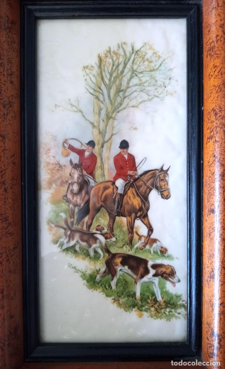 Antig&uuml;edades: Azulejo caballos caza marco madera - Foto 2