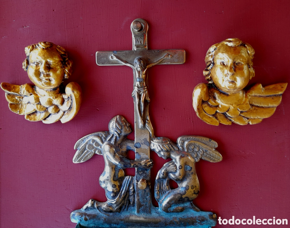 Antig&uuml;edades: Antigua Benditera Bronce enmarcada. - Foto 6