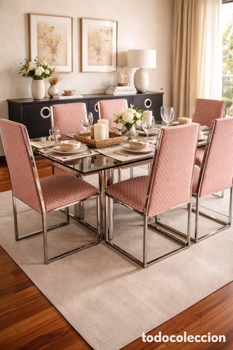 Antiquit&auml;ten: Conjunto Comedor Vintage A&ntilde;os 70 &ndash; Dise&ntilde;o Italiano &ndash; Cristal y Acero Cromado
