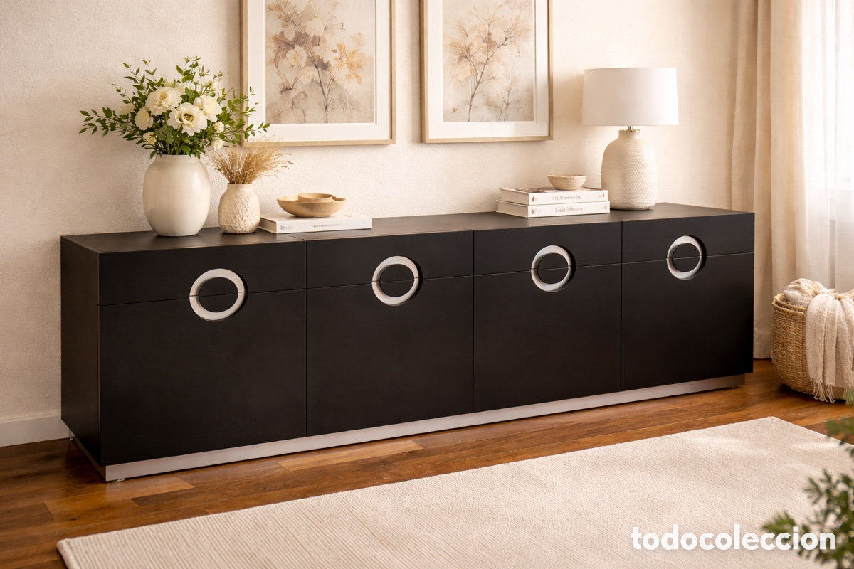 Antiquit&auml;ten: Aparador Vintage A&ntilde;os 70/80 &ndash; Dise&ntilde;o Posmoderno &ndash; Lacado Negro y Acero Cromado