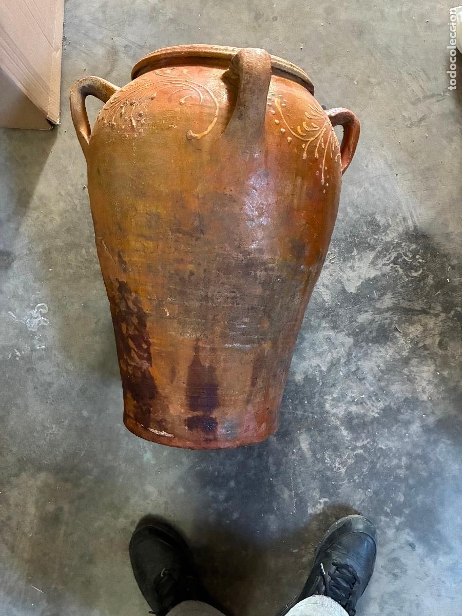 Antig&uuml;edades: Antigua orza de barro esmaltado y decorado podr&iacute;a ser provincia de Albacete o Levante 58x45x25 boca