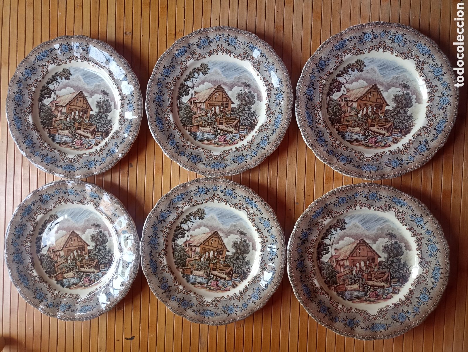 Antig&uuml;edades: 6 platos llanos La Cartuja de Sevilla Pickman dibujo mollino - 25 cms