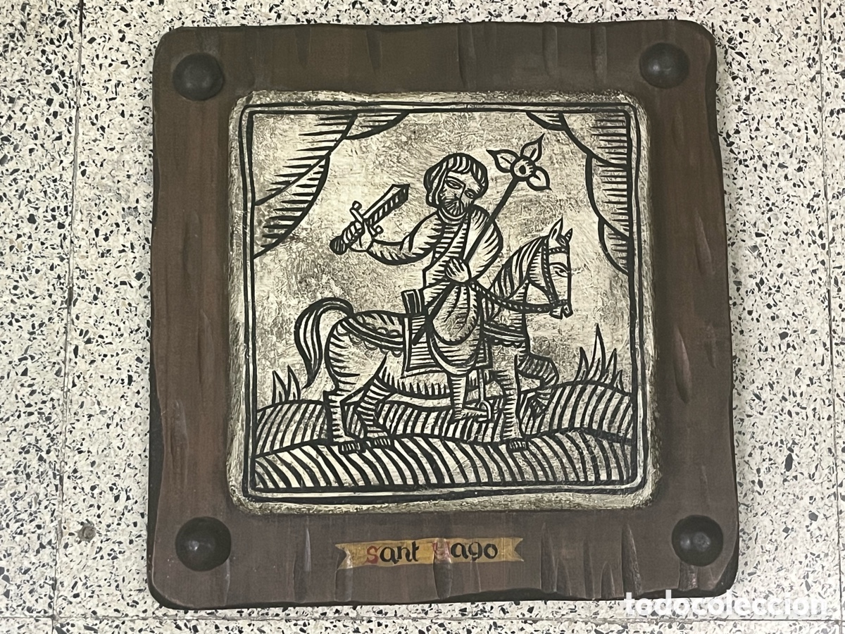Antig&uuml;edades: Grabado Antiguo Metal Plateado Santiago Ap&oacute;stol a Caballo, Placa Madera Tallada
