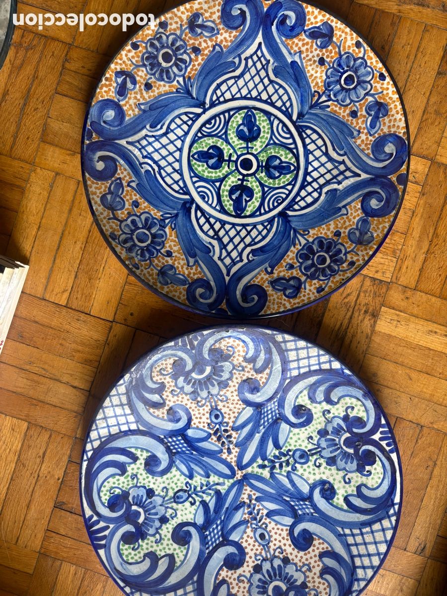 Antiguidades: Lote 3 platos cer&aacute;mica pintados a mano 31cm di&aacute;metro