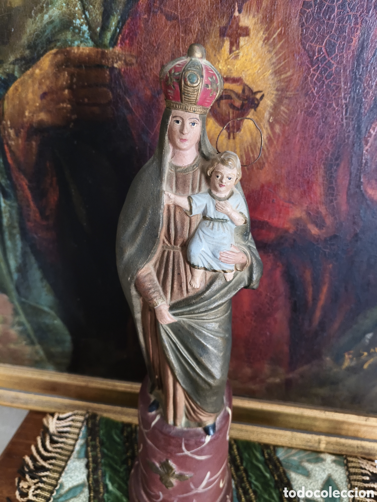Antiguidades: Antigua imagen de la Virgen del Pilar con el Ni&ntilde;o Jes&uacute;s en terracota, Virgen Maria 38 cm
