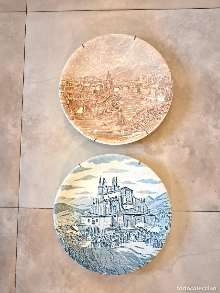 Antig&uuml;edades: PAREJA DE PLATOS CER&Aacute;MICA BILBAO PUENTE COLGANTE PUENTE SAN ANTON AURRESKU BEGO&Ntilde;A